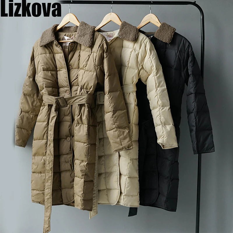 Женский пуховик на 90% утином пуху бежевая парка с меховым отворотом и