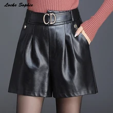 1 шт., женские кожаные шорты с высокой талией, большие размеры,, Осенние новые модные шорты из искусственной кожи с большими карманами, женские свободные шорты