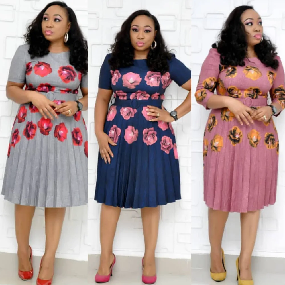 

Women African Cute Dress Summer Style Plus Size 2XXL Ladies Pink Blue Gray Flowers Print African Clothing