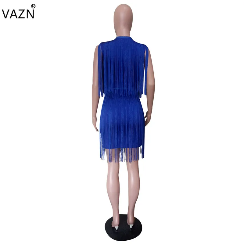 VAZN LSL8011 New Plus Size Upmarket Blue Heavy Industry Tassel Sexy Club Fashion Tank Sleeve Elastic Women Skinny Mini Dress