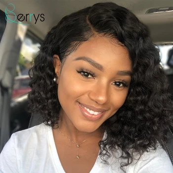 

Berryshair Malaysian Virgin Human Hair Wigs Invisible 13x4 Deep Part Transparent Lace Front Curly Wigs Short Bob Wig PrePlucked