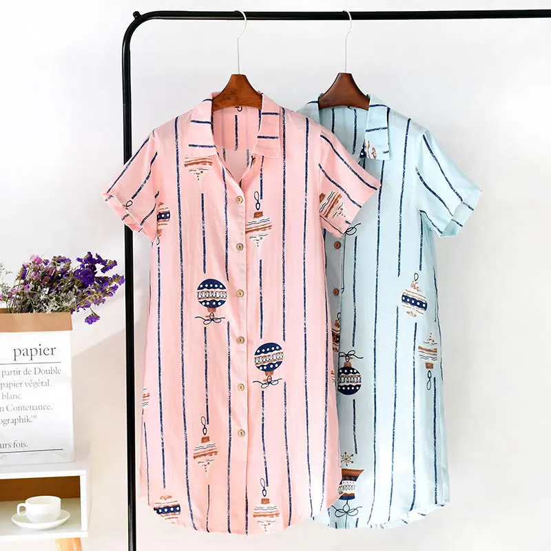 Ночная рубашка, женское платье средней длины из чистого хлопка с короткими рукавами, летнее платье-кардиган с отложным воротником и рисунком, Женская юбка