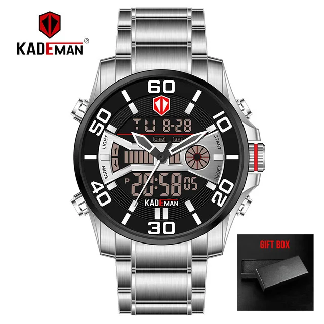 silver black KADEMAN модные спортивные цифровые часы с двойным дисплеем Мужские кварцевые часы Лидирующий бренд водонепроницаемые военные наручные часы Relogio Masculino - Цвет: silver black