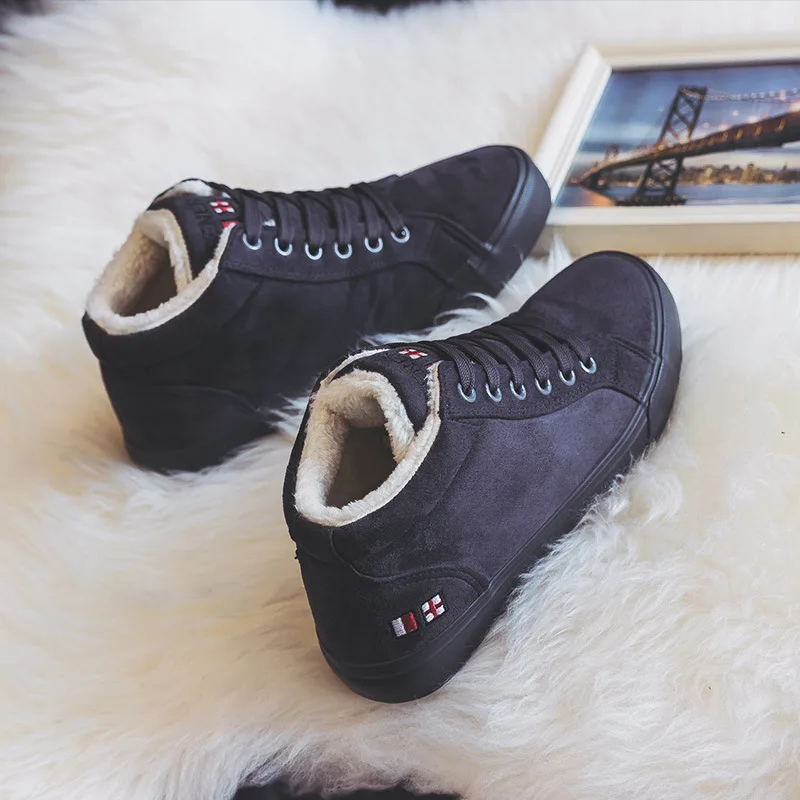 Winter Shoes Girls Students Casual Shoes Plush Lining Pure Color Fur Lined Winter New All Match Ankle High Sneakers 35-40