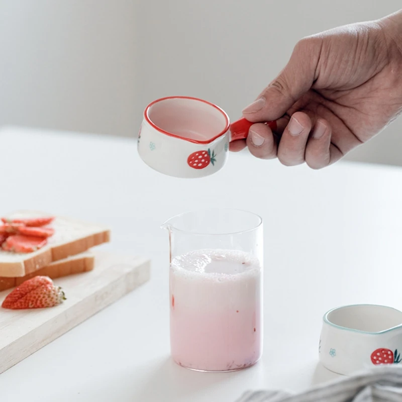 Ceramic Milk Pot 50ML Cooking Non-stick Mini Milk Pot Cookware Cute Strawberry Jug with Handle Salad Dipping Dishes