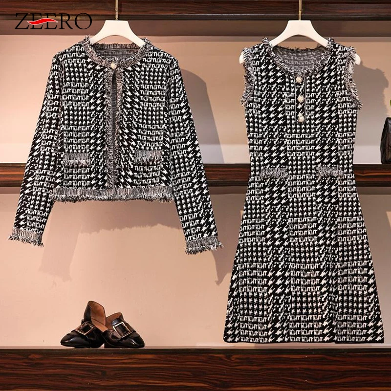 Осень зима Хаундстут комплект из 2 предметов платье трикотажная короткая куртка пальто+ Мини Танк кисточки плюс размер S-4XL костюмы для женщин