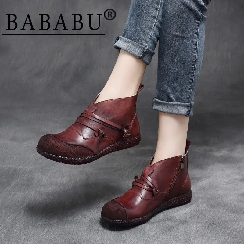 

2019 autumn new national style retro leather side zipper flat bottom low heel single shoes soft bottom knight boots ankle boots