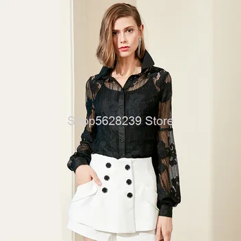 

Sling Two-piece Set 2020 Embroidery Flowers Lace Splicing Slim Fit Slim Lantern Long Sleeve Lady Shirt