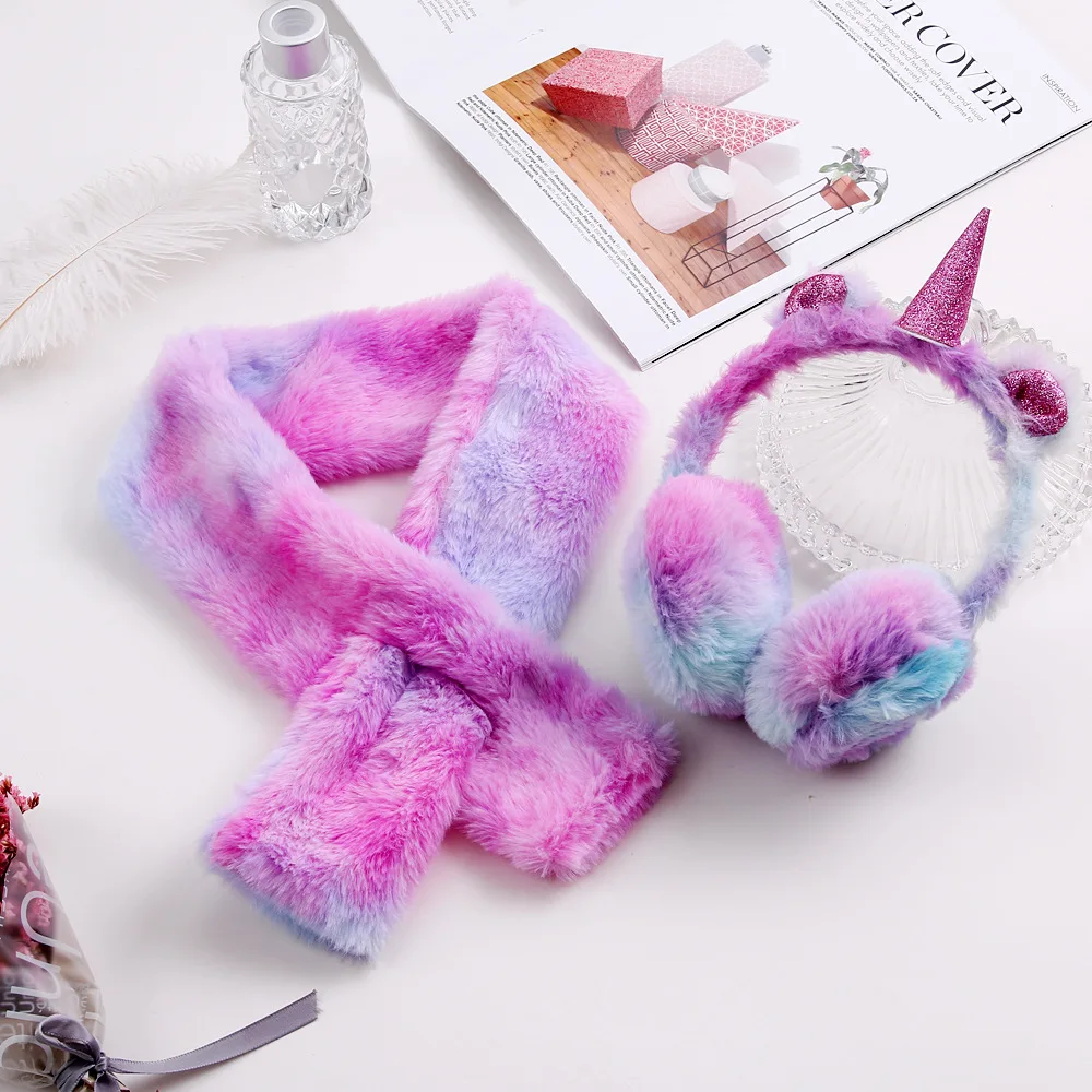 Scsech Winter Hot Children Gradient Scarves Unicorn Earmuffs Pompom Plush Thick Warm Baby Girls Boys Bib Kids Wholesale HAC14 (2)