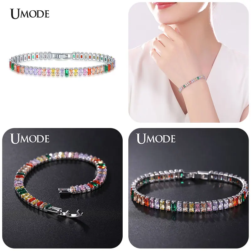 Six-color mixed UMODE Циркон Хрустальный теннисный браслет для женщин белого золота цвет ювелирных изделий Красочные фианиты кристаллы браслет с прямоуголными звеньями UB0181J - Окраска металла: Six-color mixed
