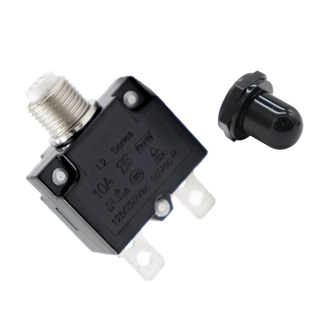 10A Push Button Reset Circuit Breaker, DC50V AC125-250V Thermal Overload Protector with Black Waterproof Button Cover
