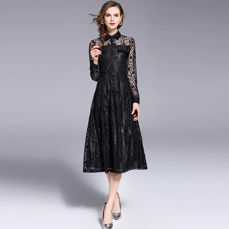 

Ozhouzhan 2019 Spring And Summer New Style Lace Medium-length Dress Waist Hugging Big Hemline Dress Hepburn Wind Black Dress Sli