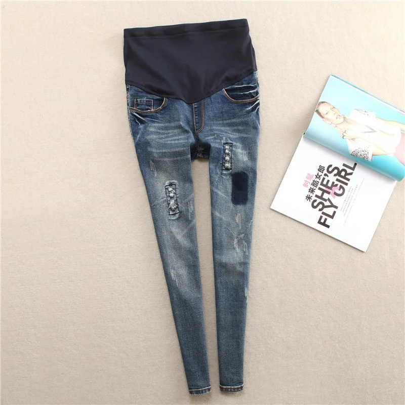 Джинсовые джинсы для беременных с дырками, регулируемые джинсы с высокой эластичной резинкой на талии, брюки для беременных женщин, брюки для беременных