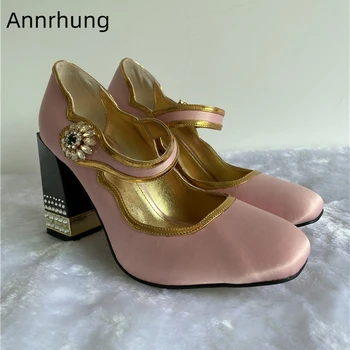 

Sweet Pink Satin Sqaure Toe Pumps Women Jeweled Rhinestone Square Heel Crystal Buckle Belt Chunky Heel Banquet Shoes Woman