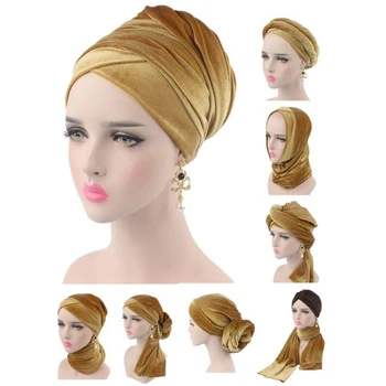 

Pleated Velvet Magic Turban Hair Caps Hijab Head Wrap Extra Long Tube Indian Headwrap Scarf Tie Styling Accessories