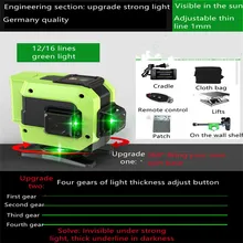 

Laser Level 16 Lines 4D Green Line Base Free 360° Spin Horizontal Vertical Self-Leveling Green Laser Beam for Construction Tool