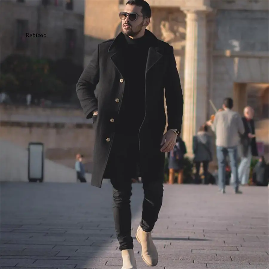 Mens Wool Overcoat Winter Thicken Jacket Men Turn-Down Collar Casual Single Breasted Long Woollen Wind Black Male Coat | Мужская одежда