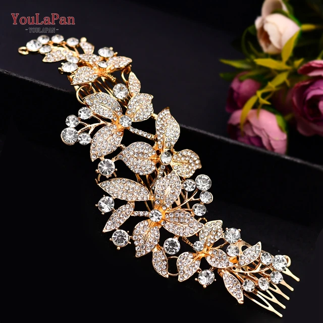 TOPQUEEN HP301 Indian Bridal Hair Accessories Alloy Flower Bridal Crowns and Tiaras Silver Hair Pieces Wedding Hair Jewelry HP301-Gold