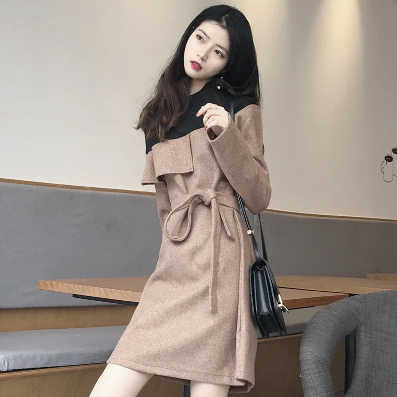

12-31v New Style WOMEN'S Dress Solid Flounced Elegant Mixed Colors Mock Two-Piece Thick Students Woolen Dress Winter