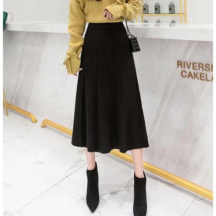 TingYiLi Winter Warm Knitted Skirt High Waist A Line Women Skirt Black Gray Coffee Khaki Long Skirt Female