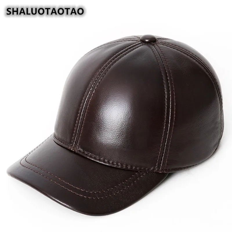 

SHALUOTAOTAO Adjustable Size Genuine Leather Hat Autumn Winter Men's Fashion Cowhide Baseball Cap Thermal Earmuffs Leisure Caps