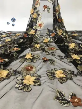 

African lace fabric high quality flower 3D yellow applique heavy sequins beaded bridal lace fabric Nigeria handmade lace