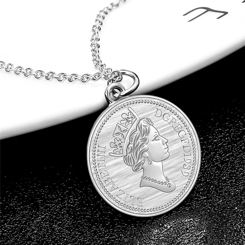 Creative Gold Silver Color Queen Elizabeth II Avatar Coin Pendant Necklaces Choker For Women Fashion Round Charm Necklaces