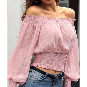 

Sexy Women Casual Long Lantern Sleeve Chiffon Elastic Tank Crop Tops Off Shoulder Polka Dot Summer Solid color Blouse Shirt