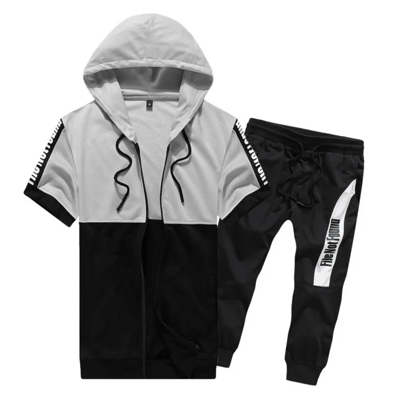 

Summer Tracksuit Short Sleeve 2 Pc Set Cardigan Zipper Hoodie T-shirt Printing Letter Pants Sports Men Jogging Casual Clothing