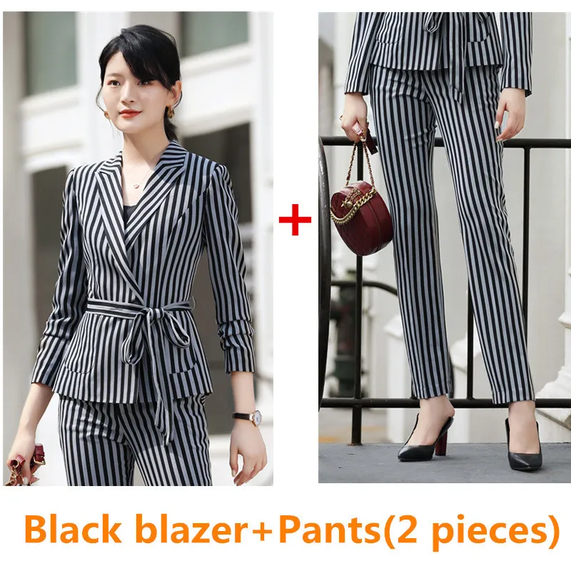 Black blazer pants Dushicolorful Новое поступление Блейзер Брюки Костюмы Высокое качество для женщин OL комплект из 2 предметов полосатый пояс Блейзер Дамская куртка и брюки комплект - Цвет: Black blazer pants