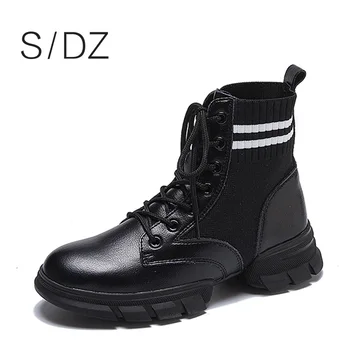 

SDZ Boots Women Fashion Leather Low Heel Lace-Up Martin Boots Round Toe Shoes Outdoor Pu Leather Winter Female Socks Boots 2020