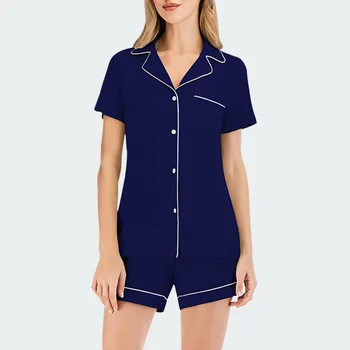 

SFIT 2PCS Pajamas Sets Women Lapel Imitation Short Sleeve Home Wear Ladies Mujer Sexy Tops+ Shorts Nightgown Sleepwear Autumn