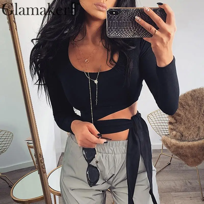 Glamaker открытая черная блузка с бантом рубашка для женщин длинный рукав весенние