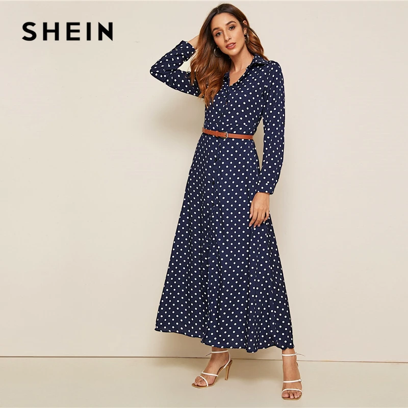 SHEIN Navy Polka Dot Print Buttoned Shirt Maxi Dress With Belted Women Autumn Long Sleeve Shift High Waist Casual Dresses