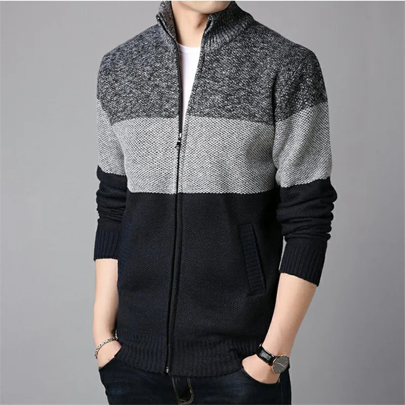 GustOmerD Autumn New Men's Sweater Casual Cardigan Knit Plus Velvet Thickening Sweater Collar Colorblock Long Sleeve Sweater Men GustOmerD Autumn New Men's Sweater Casual Cardigan Knit Plus Velvet Thickening Sweater Collar Colorblock Long Sleeve Sweater Men