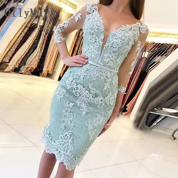 

Beautiful Real Images Short Sleeves Short Evening Dresses 2018 Half Sleeve Lace Appliques Formal Party Dresses robe de soiree