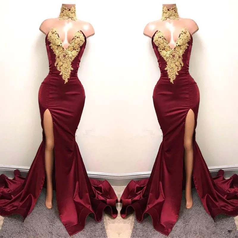 

New Design 2019 Sexy Burgundy Prom Dresses with Gold Lace Appliqued Mermaid Front Split Long Party Evening Gown prom dress