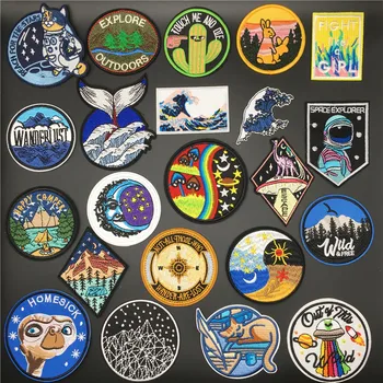 

Landscape Mountain Patches Stripes for Clothes Iron On Badge Embroidered DIY Ironing Sticker UFO Sewing Clothing Appliques