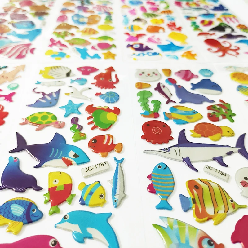 8 Sheets 3D Cartoon Sea Fishes Animal Stickers Ocean World Coral Jellyfish  Mermaid Waterproof Sticker Kids Scrapbook Decal Toys