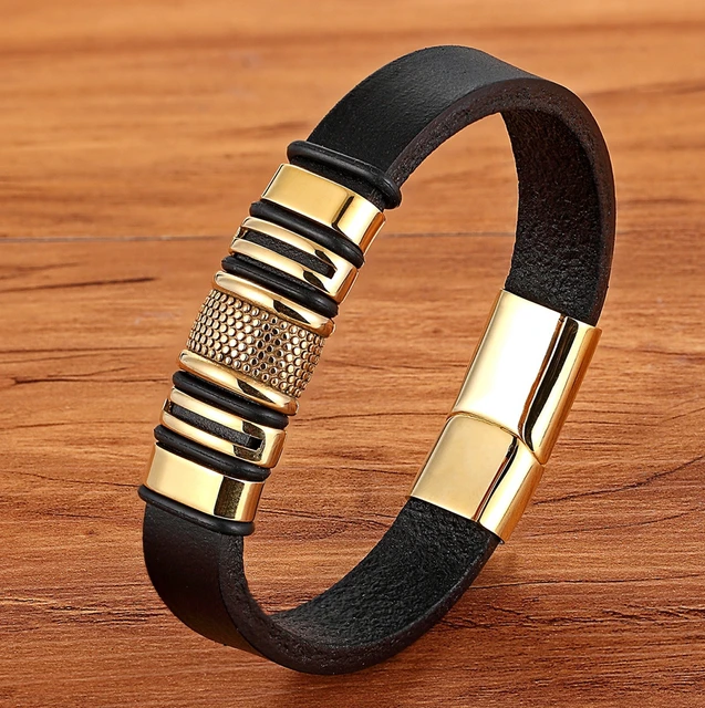 Royal Leather Black Bracelet for Men / Gold Mens Wristband – All-For-Men