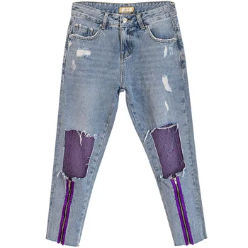 

Korean Spring Summer Women Ladies Purple Patchowrk Zipper Denim Cross Pants , Ripped Loose Jeans Trousers for Woman