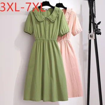 

New 2020 summer plus size dress for women large short sleeve loose cotton button pleated dresses green pink 3XL 4XL 5XL 6XL 7XL