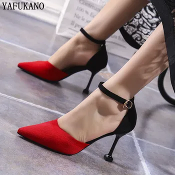 

Women High heels Knitted Red High-heeled 8.5cm Female Classic Pointed Black Ladies Gril Dress Party Shoes