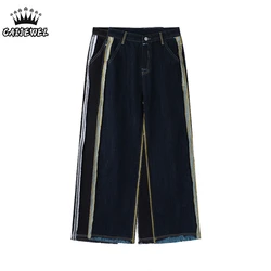 Calças de brim femininas de cintura alta em linha reta baggy moda calças de rua listra retalhos design chique vintage feminino perna larga denim