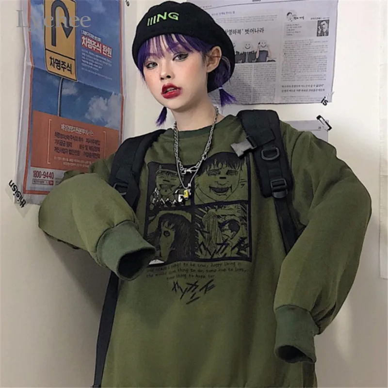 Lychee Harajuku женский флисовый пуловер с круглым вырезом, темно-японский персонаж, женские флисовые толстовки, свободные осенние женские флисовые Топы