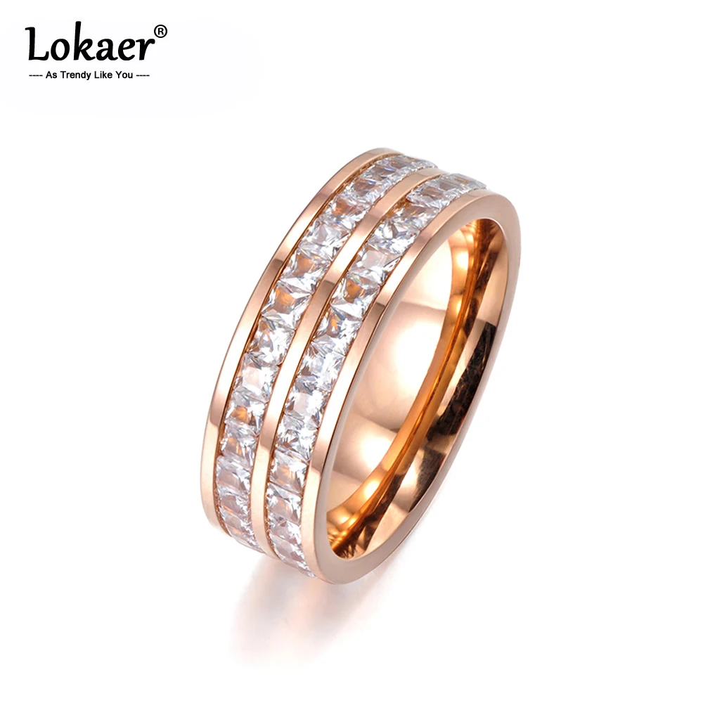 Lokaer простой дизайн проложить два ряда прозрачный кубический цирконий Роза с золотистым или титановым покрытием сталь Юбилей обручальные кольца для женщин R17050