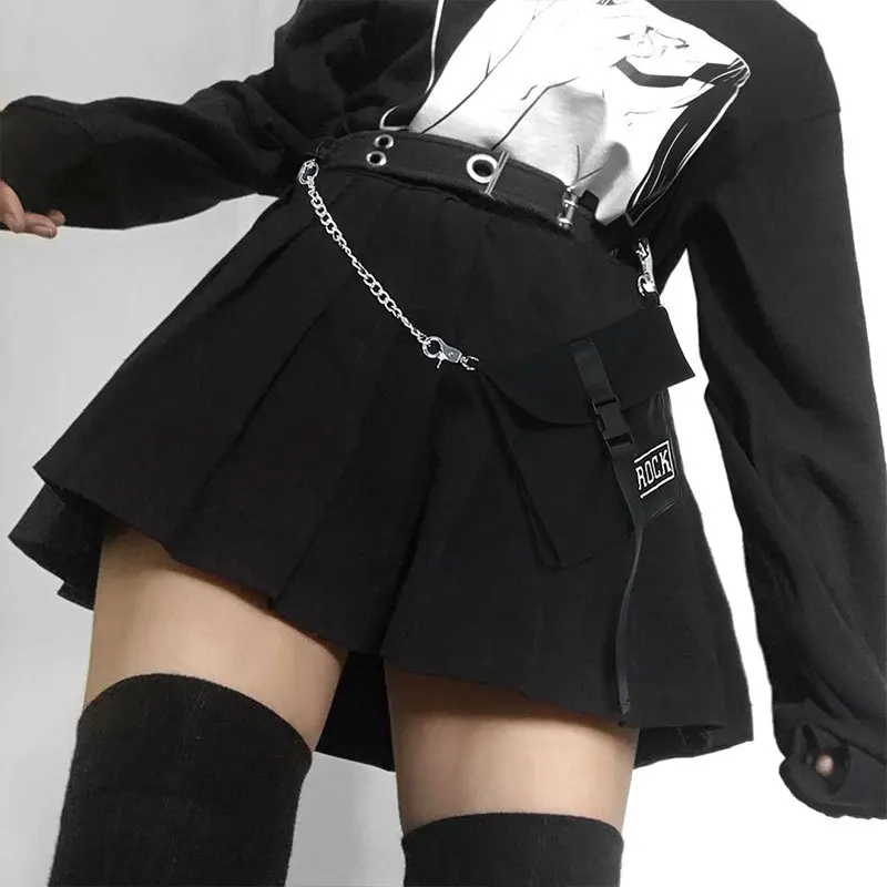 Новинка, Женская Мини-Юбка Faldas Mujer Moda, темно-черная юбка Jupe Femme, сексуальные юбки, женская сумка с цепочкой, Готическая плиссированная юбка