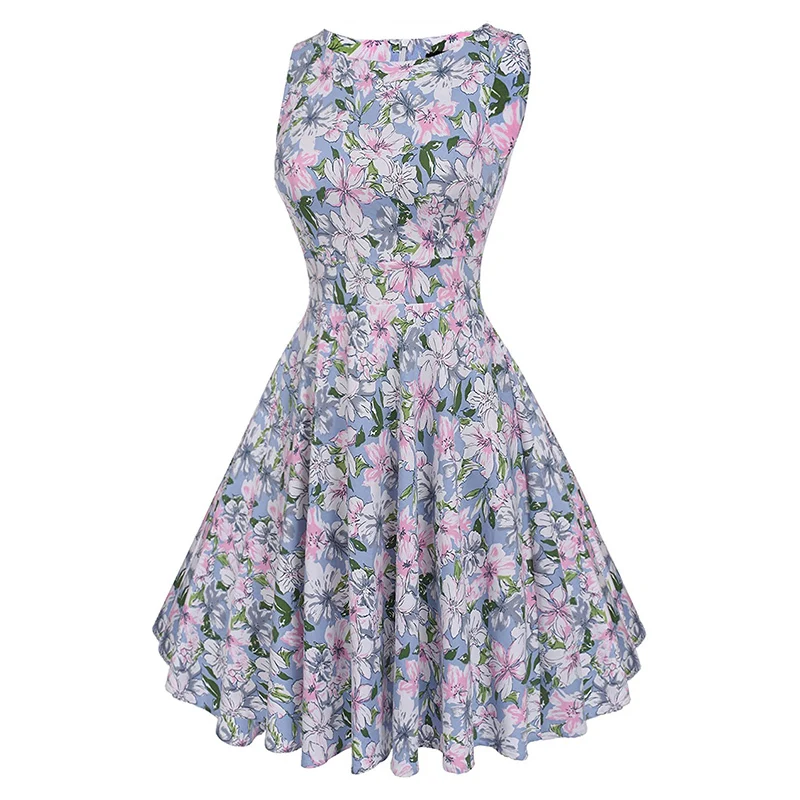 Kostlish Cotton Summer Dress Women 2017 Sleeveless Tunic 50s Vintage Dress Belt Elegant Print Rockabilly Party Dresses Sundress (47)