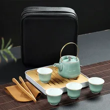 Керамический чайный горшок с петлей, 4 чашки, бамбуковый чайный поднос, портативный домашний дорожный чайный набор, бизнес-подарок на заказ