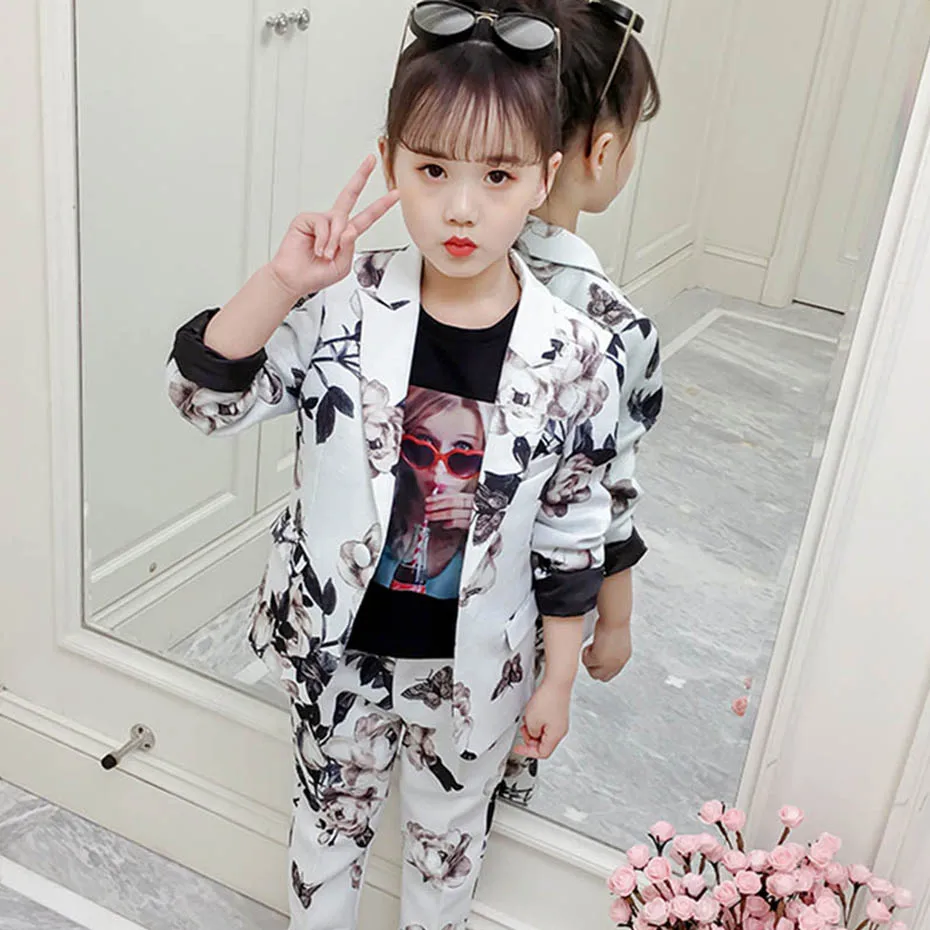Clothes For Girls Print Blazers& Pants Girls Clothing Sets Turn Down Collar Children Clothes Girl Fall Novelty Children's Suits
